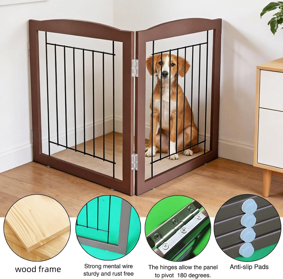 Freestanding Foldable Dog Gate for House Extra Wide Wooden White Indoor Puppy Gate Stairs Doorways Pet Gate Tall Dog Fence 3 Panels Fence
