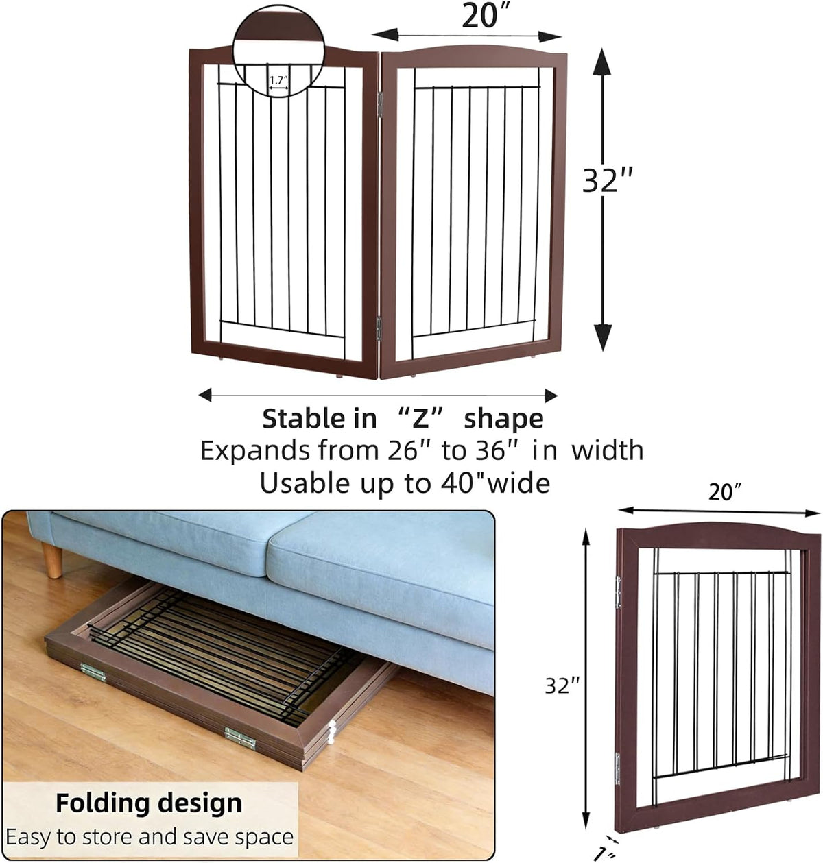 Freestanding Foldable Dog Gate for House Extra Wide Wooden White Indoor Puppy Gate Stairs Doorways Pet Gate Tall Dog Fence 3 Panels Fence
