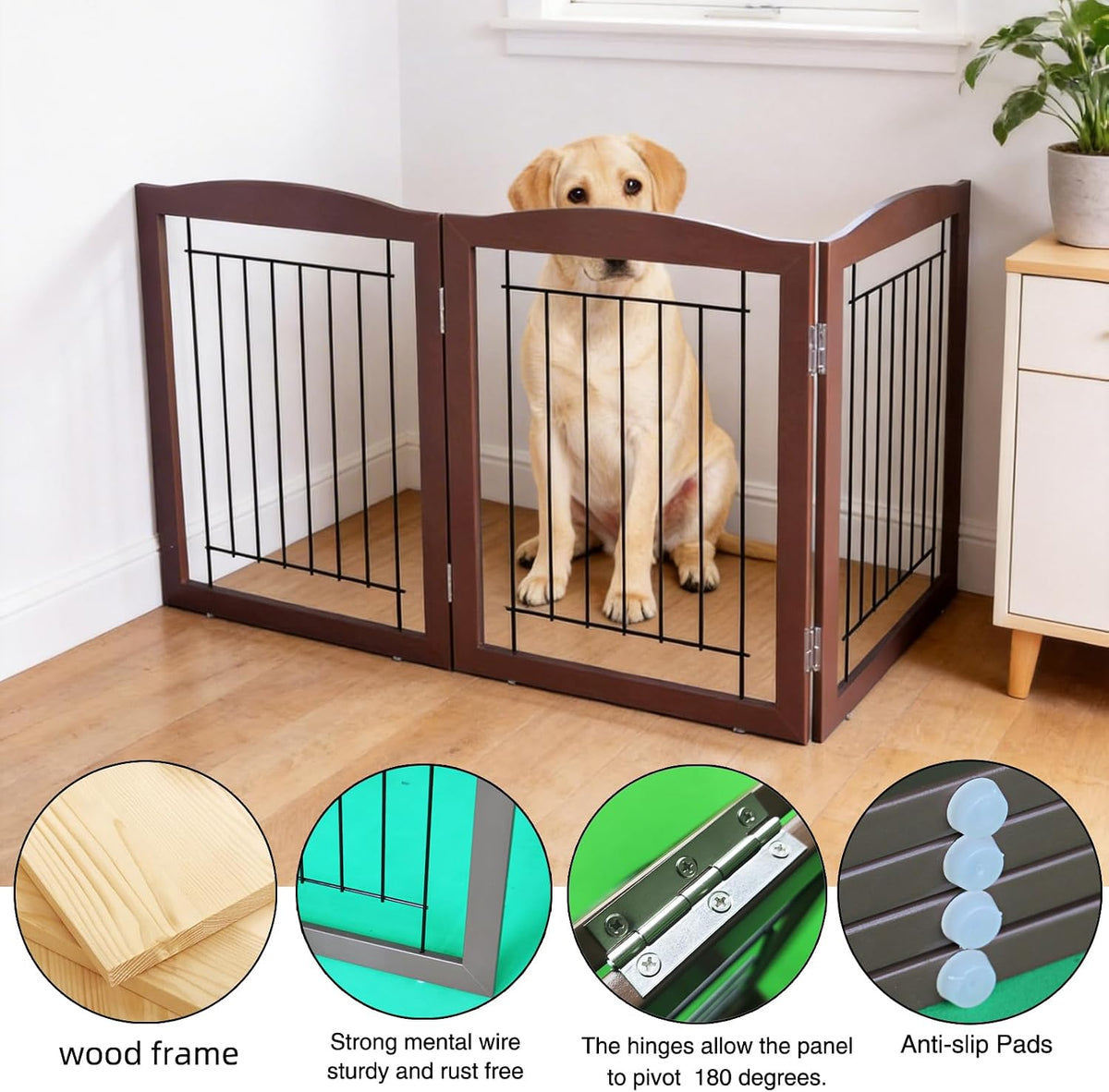Freestanding Foldable Dog Gate for House Extra Wide Wooden White Indoor Puppy Gate Stairs Doorways Pet Gate Tall Dog Fence 3 Panels Fence