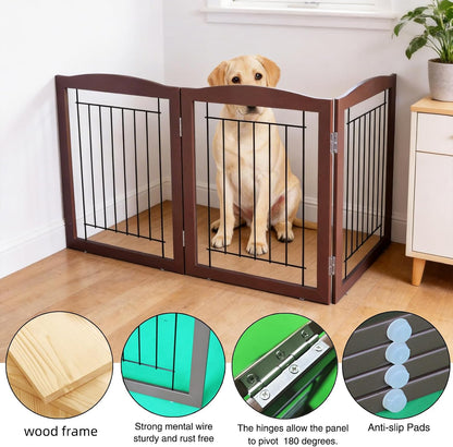 Freestanding Foldable Dog Gate for House Extra Wide Wooden White Indoor Puppy Gate Stairs Doorways Pet Gate Tall Dog Fence 3 Panels Fence