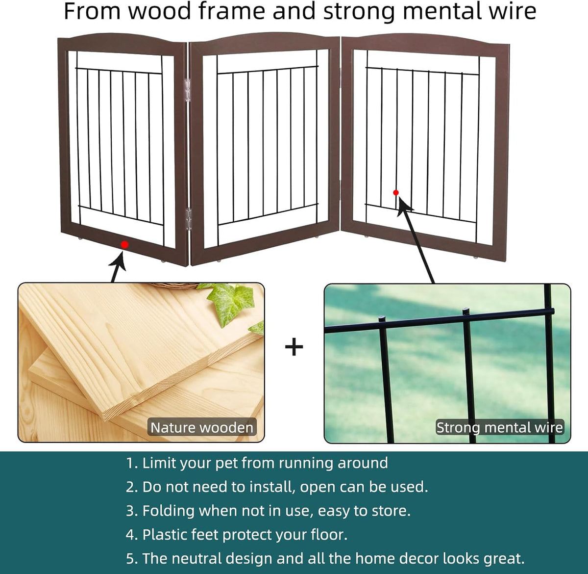 Freestanding Foldable Dog Gate for House Extra Wide Wooden White Indoor Puppy Gate Stairs Doorways Pet Gate Tall Dog Fence 3 Panels Fence