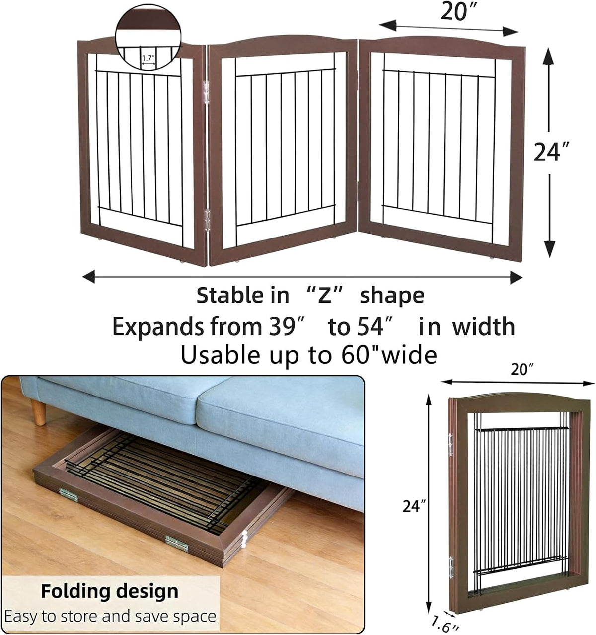 Freestanding Foldable Dog Gate for House Extra Wide Wooden White Indoor Puppy Gate Stairs Doorways Pet Gate Tall Dog Fence 3 Panels Fence