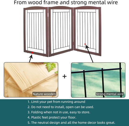 Freestanding Foldable Dog Gate for House Extra Wide Wooden White Indoor Puppy Gate Stairs Doorways Pet Gate Tall Dog Fence 3 Panels Fence