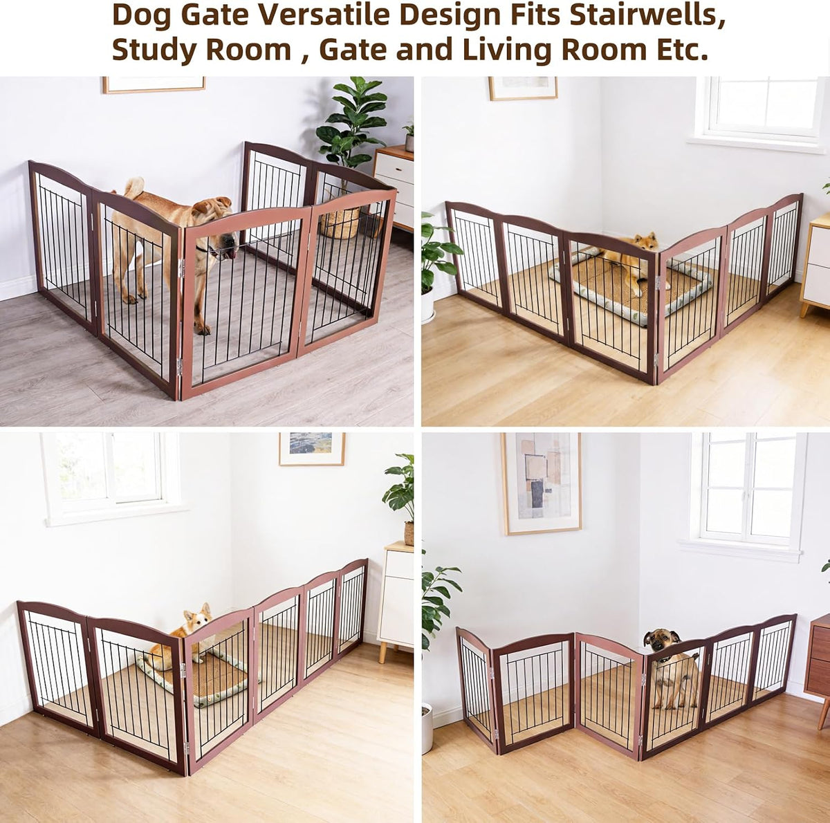 Freestanding Foldable Dog Gate for House Extra Wide Wooden White Indoor Puppy Gate Stairs Doorways Pet Gate Tall Dog Fence 3 Panels Fence