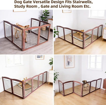 Freestanding Foldable Dog Gate for House Extra Wide Wooden White Indoor Puppy Gate Stairs Doorways Pet Gate Tall Dog Fence 3 Panels Fence