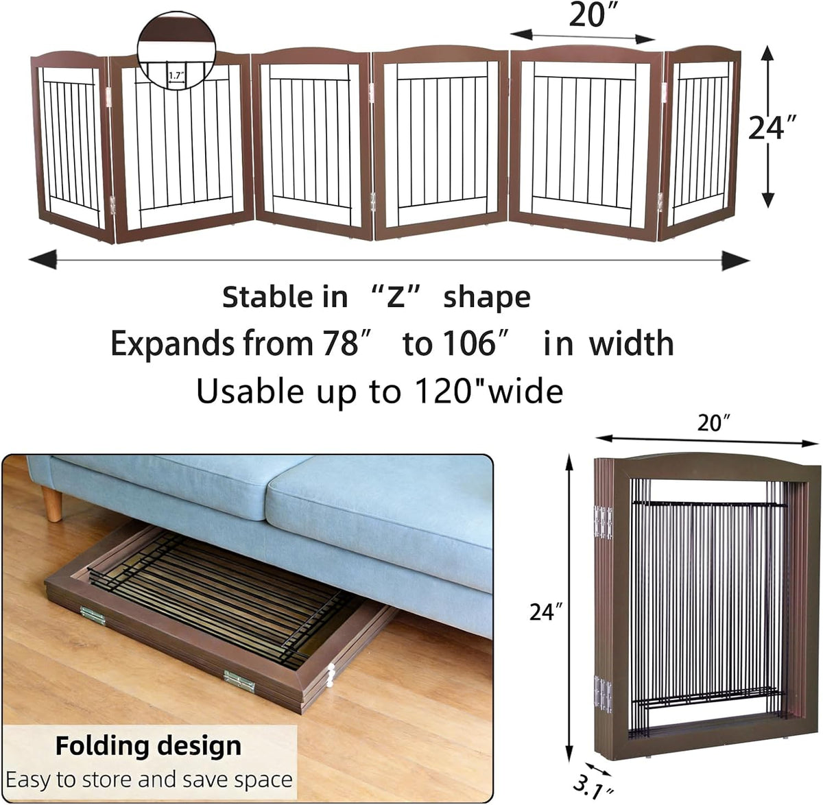 Freestanding Foldable Dog Gate for House Extra Wide Wooden White Indoor Puppy Gate Stairs Doorways Pet Gate Tall Dog Fence 3 Panels Fence