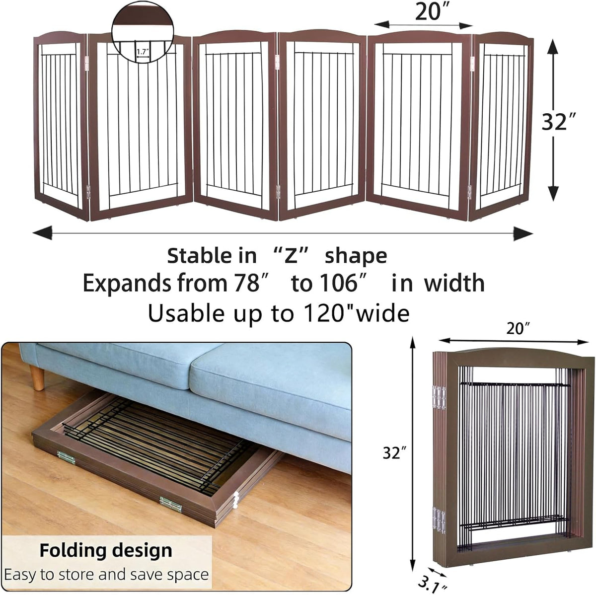 Freestanding Foldable Dog Gate for House Extra Wide Wooden White Indoor Puppy Gate Stairs Doorways Pet Gate Tall Dog Fence 3 Panels Fence