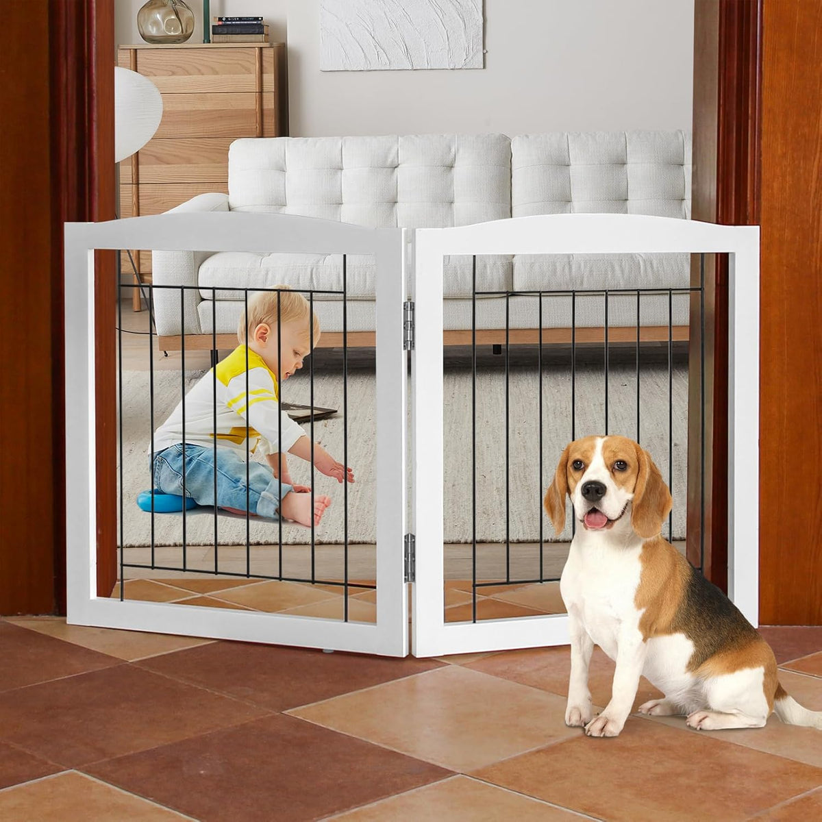 Freestanding Foldable Dog Gate for House Extra Wide Wooden White Indoor Puppy Gate Stairs Doorways Pet Gate Tall Dog Fence 3 Panels Fence