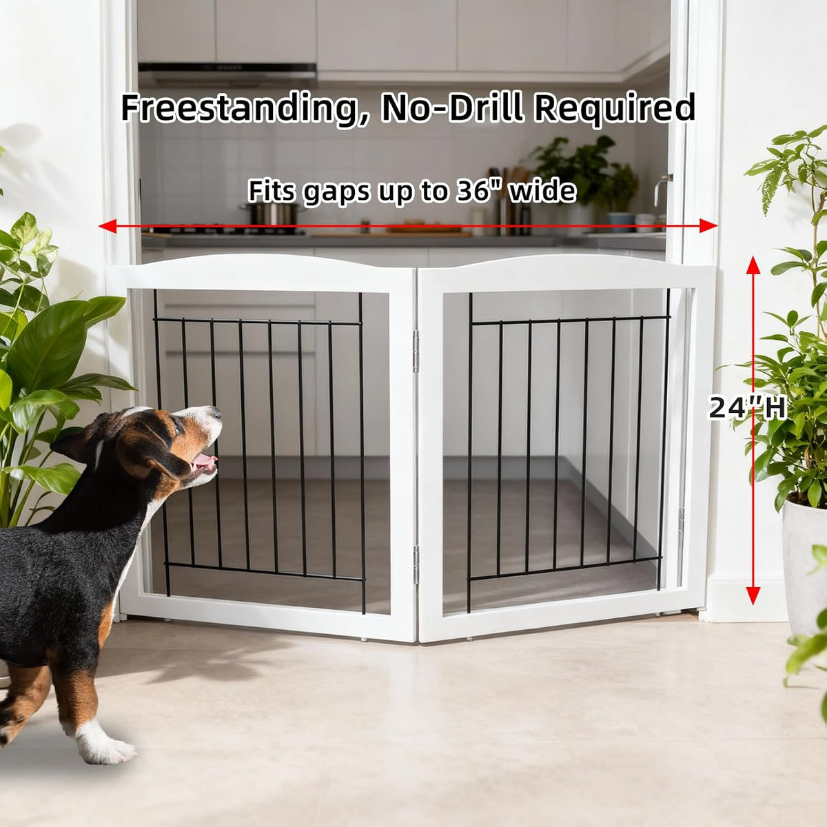 Freestanding Foldable Dog Gate for House Extra Wide Wooden White Indoor Puppy Gate Stairs Doorways Pet Gate Tall Dog Fence 3 Panels Fence