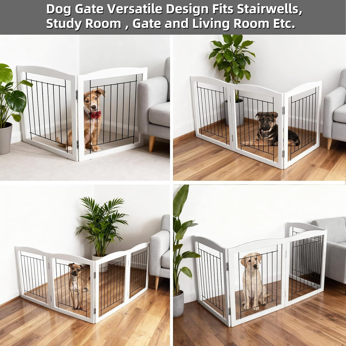 Freestanding Foldable Dog Gate for House Extra Wide Wooden White Indoor Puppy Gate Stairs Doorways Pet Gate Tall Dog Fence 3 Panels Fence