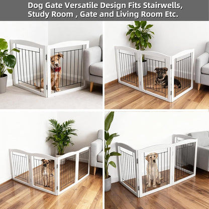 Freestanding Foldable Dog Gate for House Extra Wide Wooden White Indoor Puppy Gate Stairs Doorways Pet Gate Tall Dog Fence 3 Panels Fence
