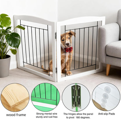 Freestanding Foldable Dog Gate for House Extra Wide Wooden White Indoor Puppy Gate Stairs Doorways Pet Gate Tall Dog Fence 3 Panels Fence