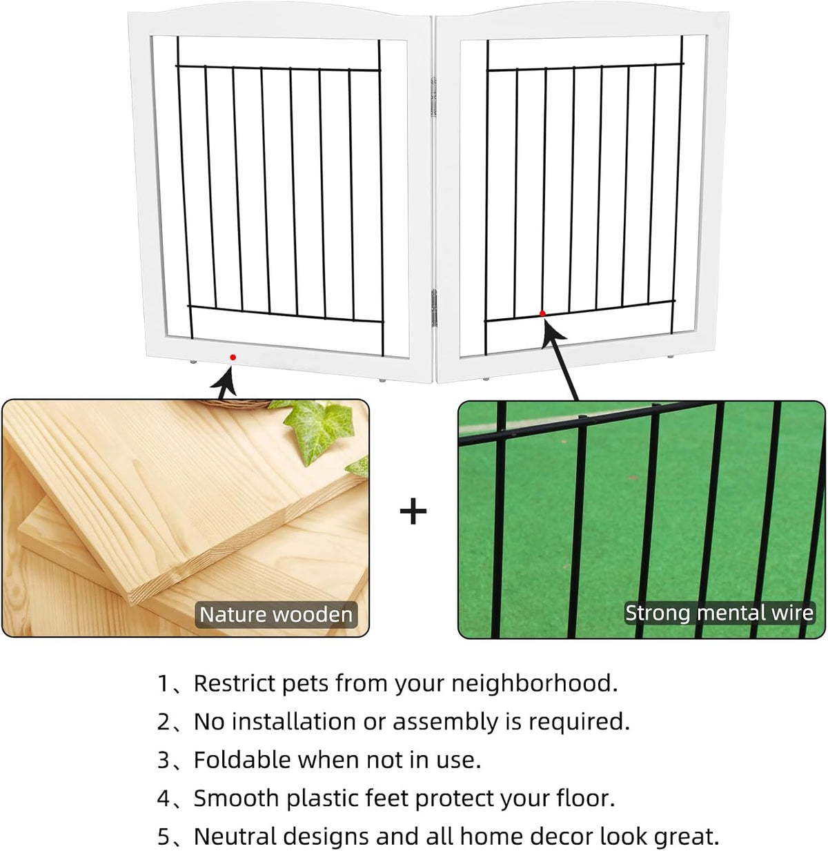 Freestanding Foldable Dog Gate for House Extra Wide Wooden White Indoor Puppy Gate Stairs Doorways Pet Gate Tall Dog Fence 3 Panels Fence