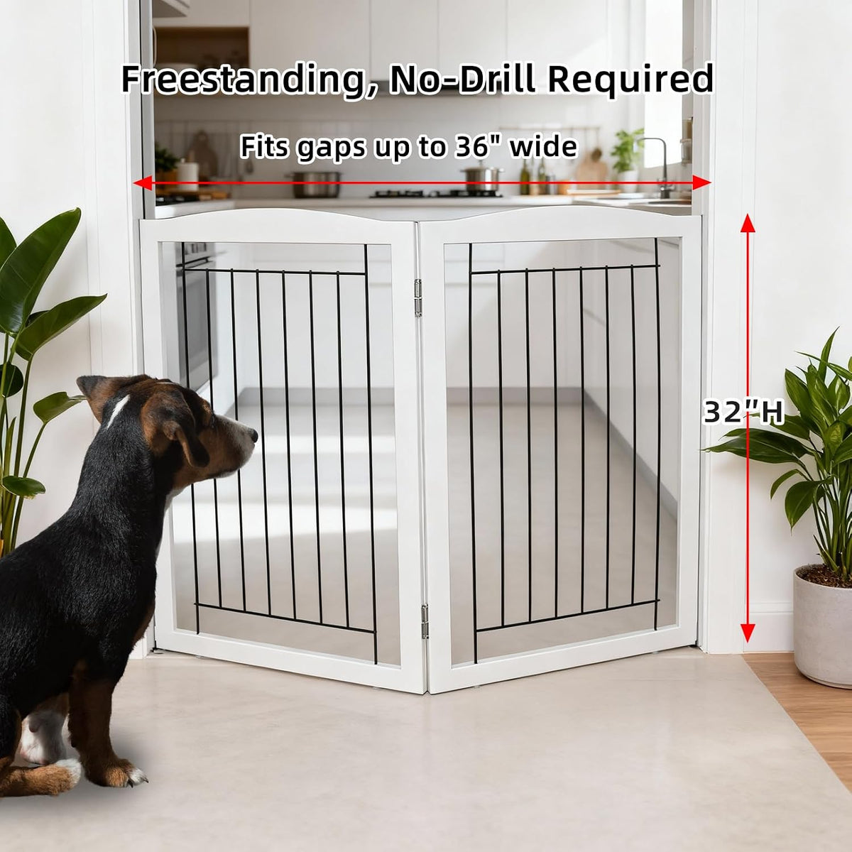 Freestanding Foldable Dog Gate for House Extra Wide Wooden White Indoor Puppy Gate Stairs Doorways Pet Gate Tall Dog Fence 3 Panels Fence