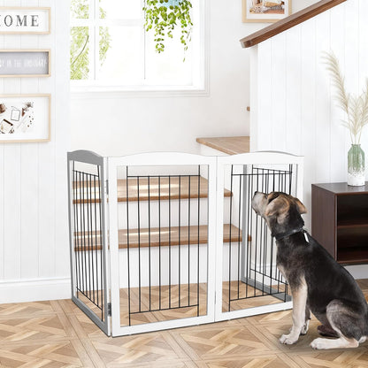 Freestanding Foldable Dog Gate for House Extra Wide Wooden White Indoor Puppy Gate Stairs Doorways Pet Gate Tall Dog Fence 3 Panels Fence