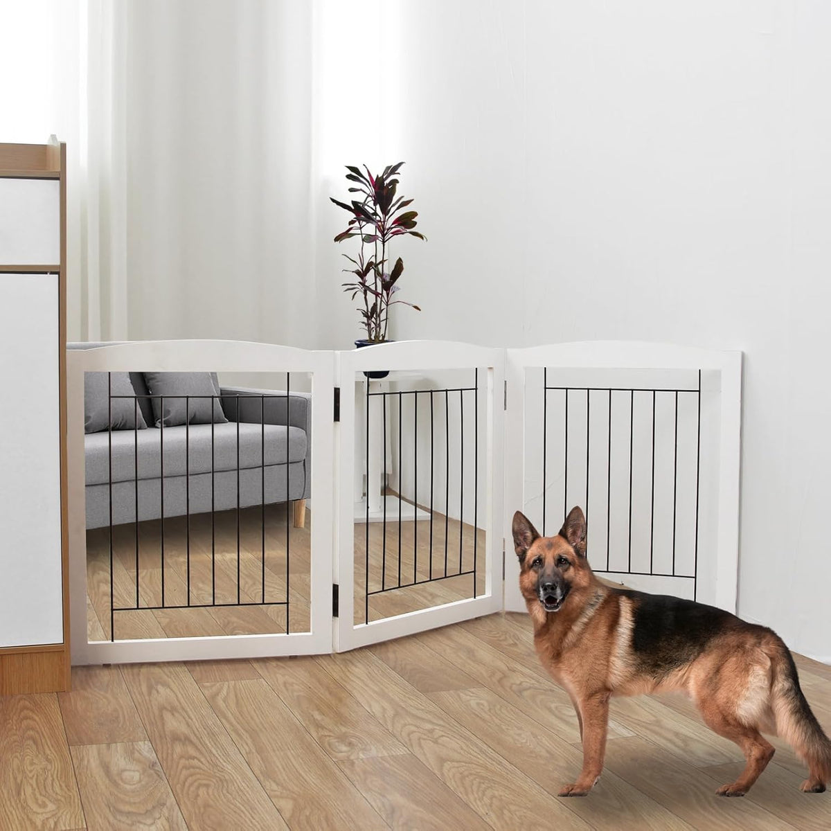 Freestanding Foldable Dog Gate for House Extra Wide Wooden White Indoor Puppy Gate Stairs Doorways Pet Gate Tall Dog Fence 3 Panels Fence