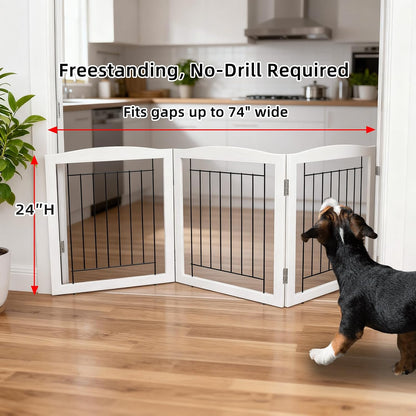 Freestanding Foldable Dog Gate for House Extra Wide Wooden White Indoor Puppy Gate Stairs Doorways Pet Gate Tall Dog Fence 3 Panels Fence