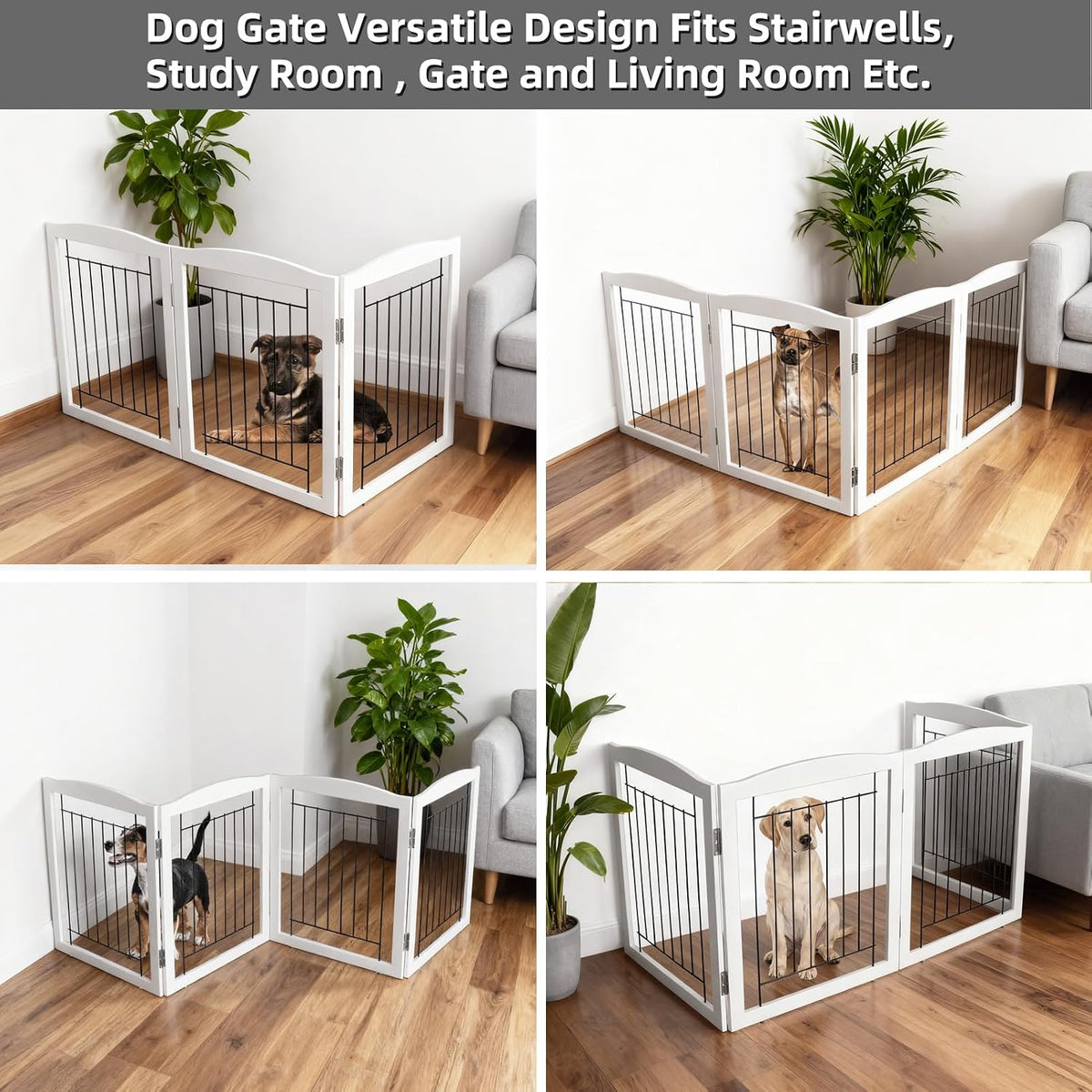 Freestanding Foldable Dog Gate for House Extra Wide Wooden White Indoor Puppy Gate Stairs Doorways Pet Gate Tall Dog Fence 3 Panels Fence