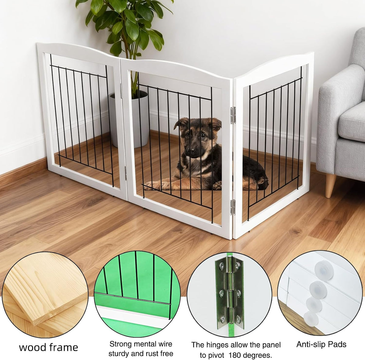 Freestanding Foldable Dog Gate for House Extra Wide Wooden White Indoor Puppy Gate Stairs Doorways Pet Gate Tall Dog Fence 3 Panels Fence
