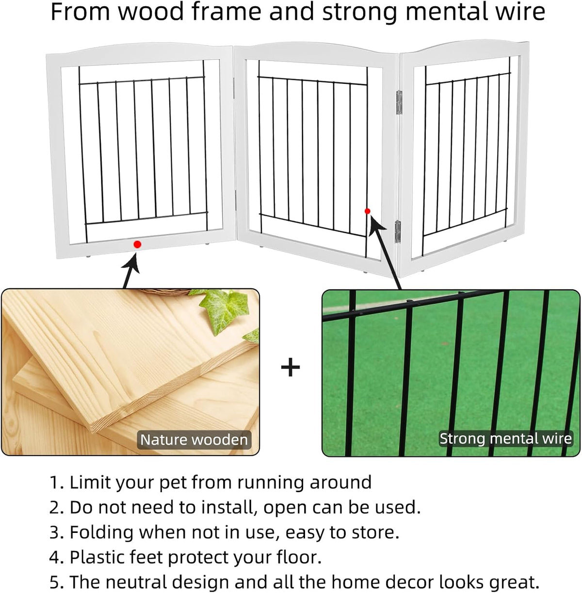 Freestanding Foldable Dog Gate for House Extra Wide Wooden White Indoor Puppy Gate Stairs Doorways Pet Gate Tall Dog Fence 3 Panels Fence