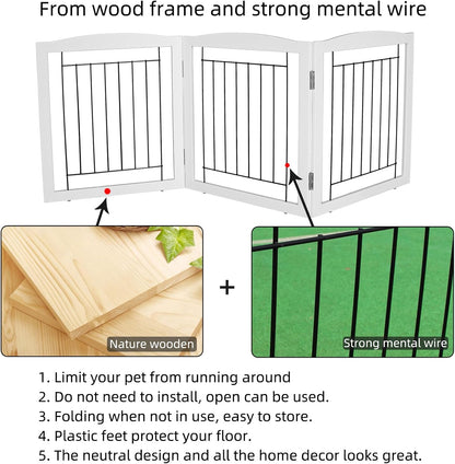 Freestanding Foldable Dog Gate for House Extra Wide Wooden White Indoor Puppy Gate Stairs Doorways Pet Gate Tall Dog Fence 3 Panels Fence