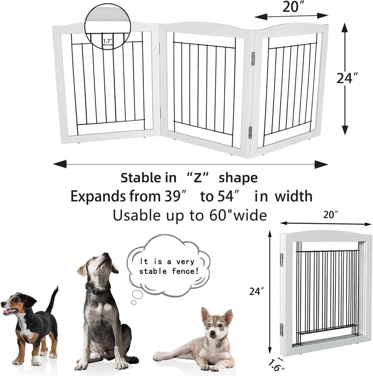 Freestanding Foldable Dog Gate for House Extra Wide Wooden White Indoor Puppy Gate Stairs Doorways Pet Gate Tall Dog Fence 3 Panels Fence