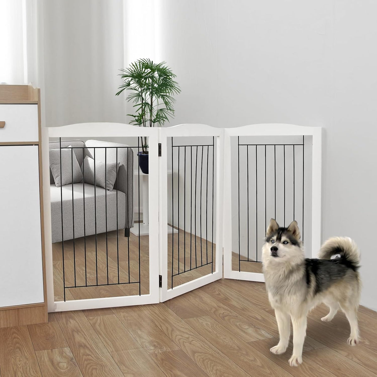 Freestanding Foldable Dog Gate for House Extra Wide Wooden White Indoor Puppy Gate Stairs Doorways Pet Gate Tall Dog Fence 3 Panels Fence