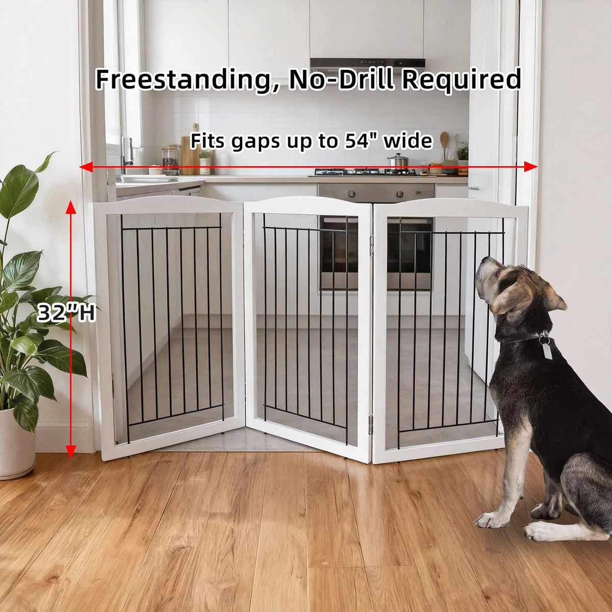 Freestanding Foldable Dog Gate for House Extra Wide Wooden White Indoor Puppy Gate Stairs Doorways Pet Gate Tall Dog Fence 3 Panels Fence