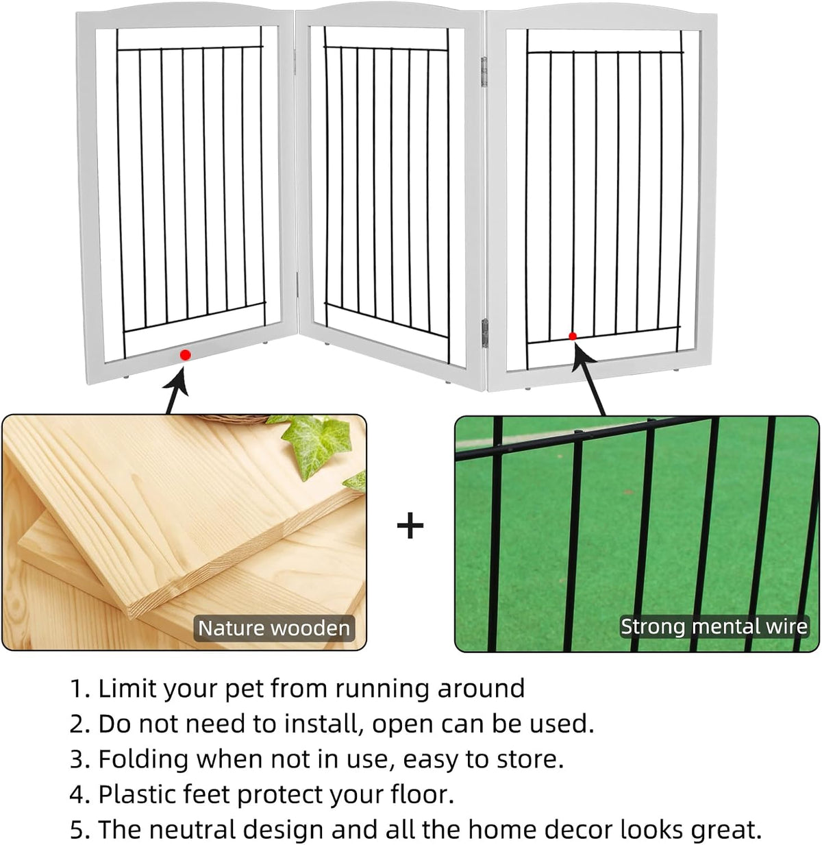 Freestanding Foldable Dog Gate for House Extra Wide Wooden White Indoor Puppy Gate Stairs Doorways Pet Gate Tall Dog Fence 3 Panels Fence