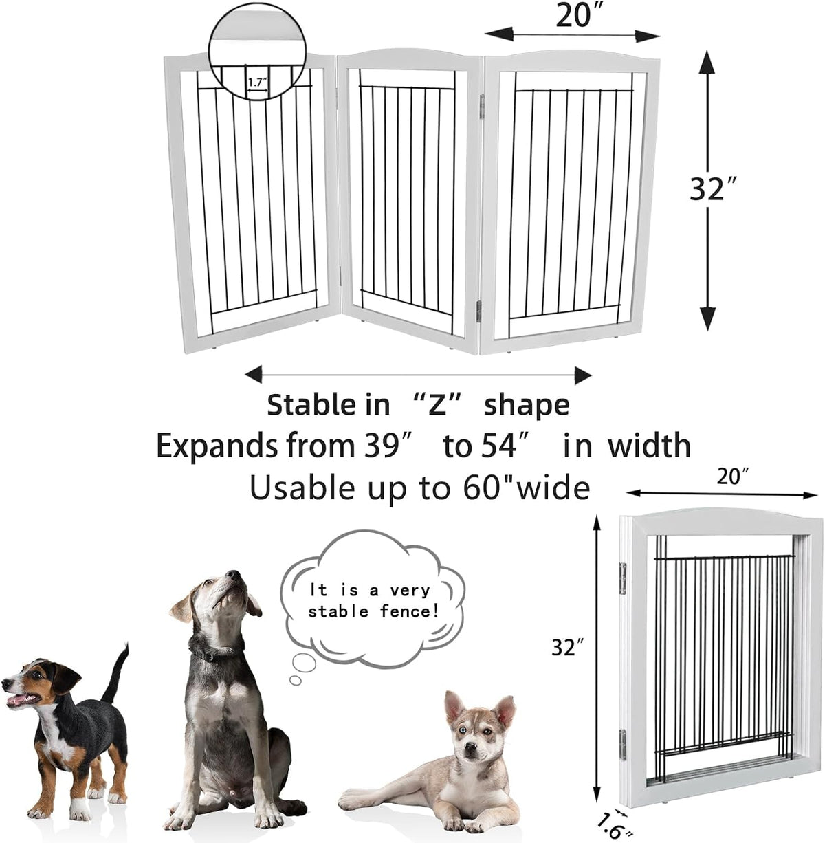 Freestanding Foldable Dog Gate for House Extra Wide Wooden White Indoor Puppy Gate Stairs Doorways Pet Gate Tall Dog Fence 3 Panels Fence