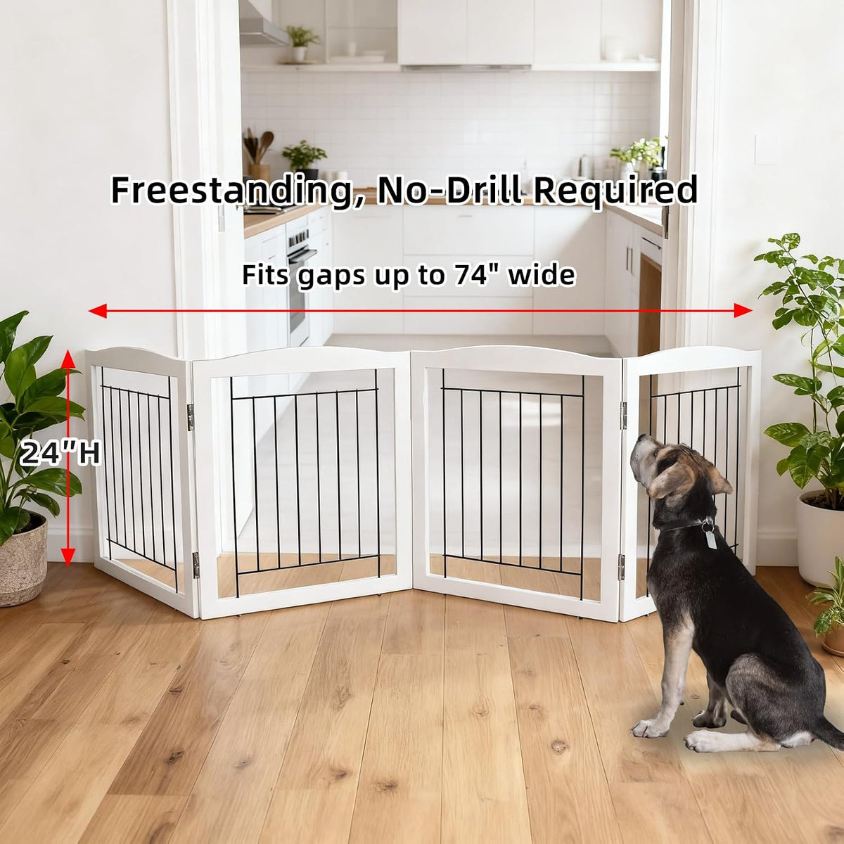 Freestanding Foldable Dog Gate for House Extra Wide Wooden White Indoor Puppy Gate Stairs Doorways Pet Gate Tall Dog Fence 3 Panels Fence