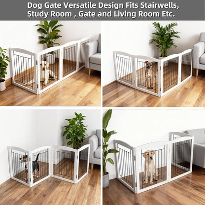 Freestanding Foldable Dog Gate for House Extra Wide Wooden White Indoor Puppy Gate Stairs Doorways Pet Gate Tall Dog Fence 3 Panels Fence
