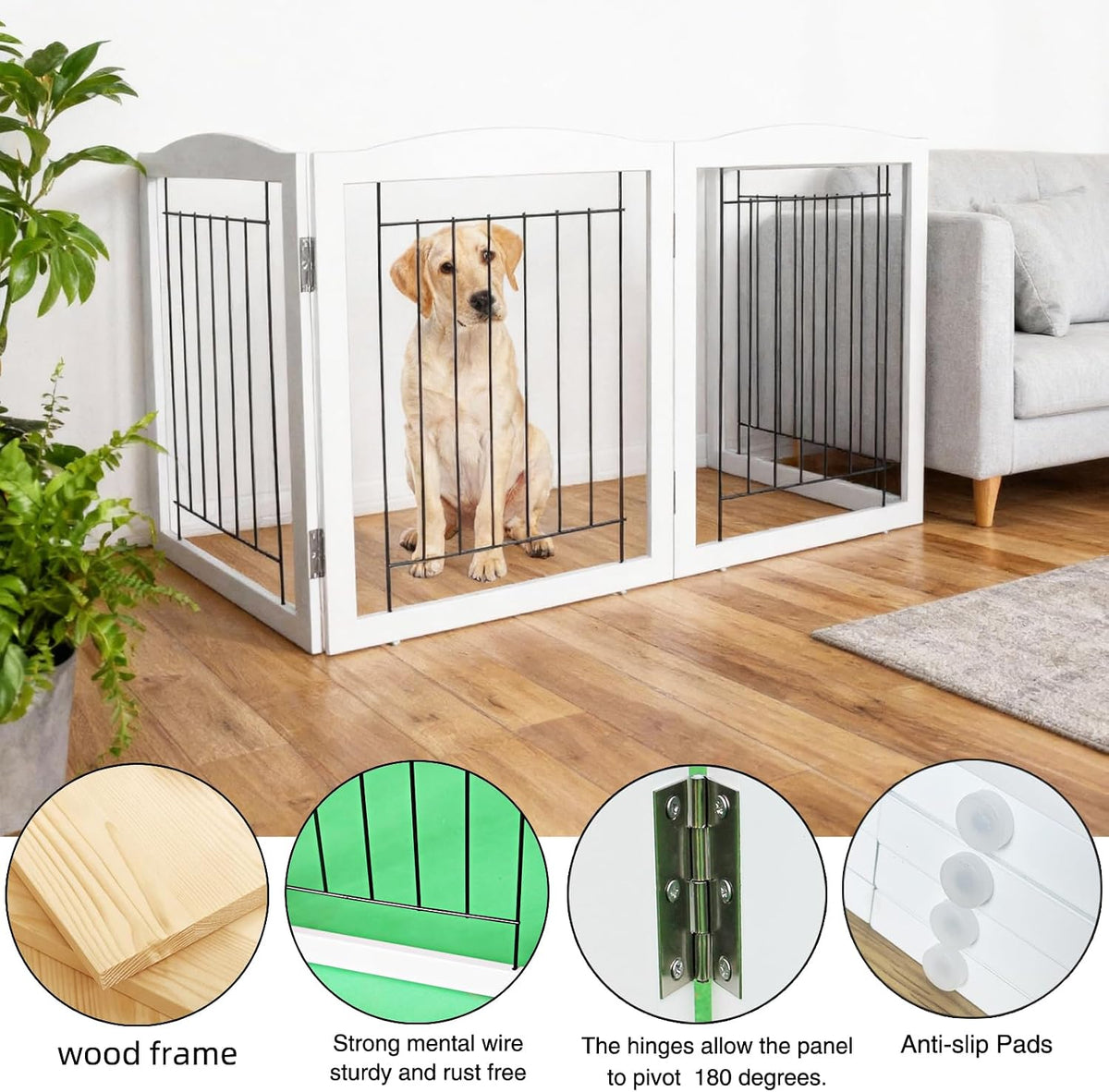 Freestanding Foldable Dog Gate for House Extra Wide Wooden White Indoor Puppy Gate Stairs Doorways Pet Gate Tall Dog Fence 3 Panels Fence
