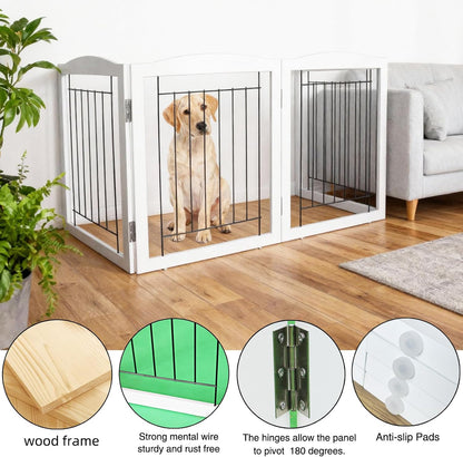 Freestanding Foldable Dog Gate for House Extra Wide Wooden White Indoor Puppy Gate Stairs Doorways Pet Gate Tall Dog Fence 3 Panels Fence