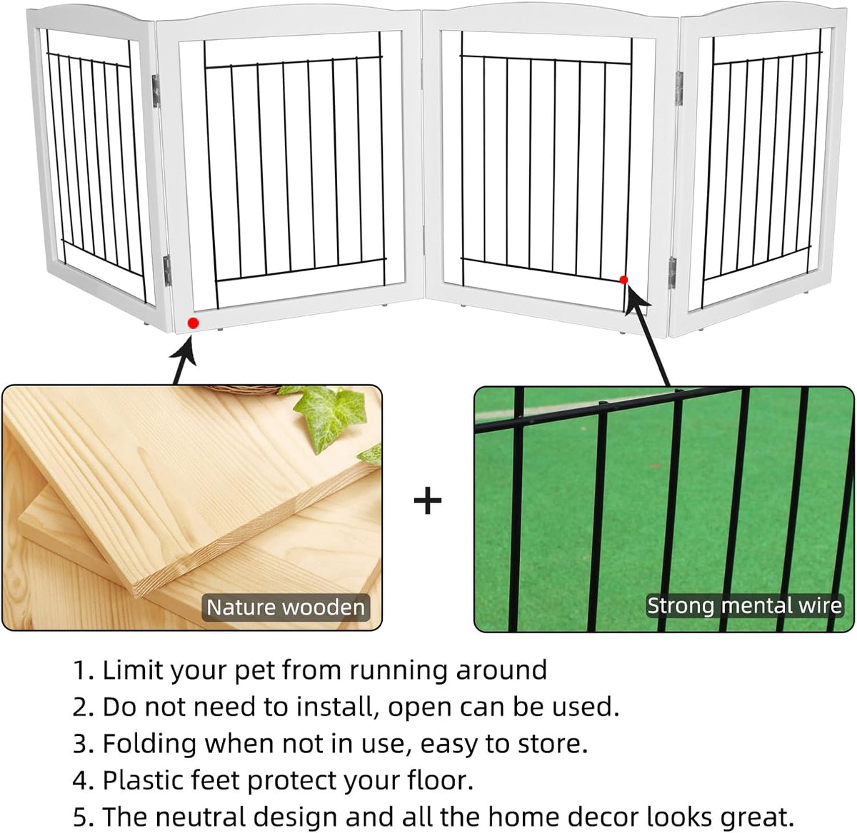 Freestanding Foldable Dog Gate for House Extra Wide Wooden White Indoor Puppy Gate Stairs Doorways Pet Gate Tall Dog Fence 3 Panels Fence