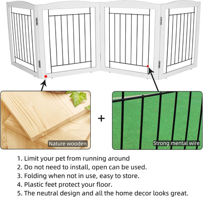Freestanding Foldable Dog Gate for House Extra Wide Wooden White Indoor Puppy Gate Stairs Doorways Pet Gate Tall Dog Fence 3 Panels Fence