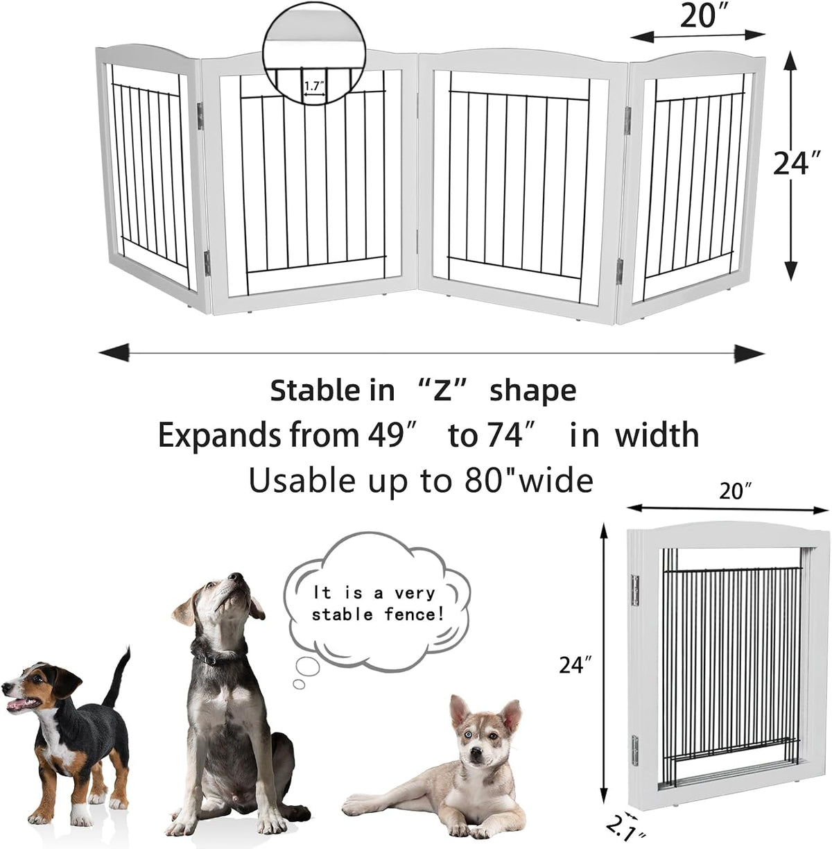 Freestanding Foldable Dog Gate for House Extra Wide Wooden White Indoor Puppy Gate Stairs Doorways Pet Gate Tall Dog Fence 3 Panels Fence