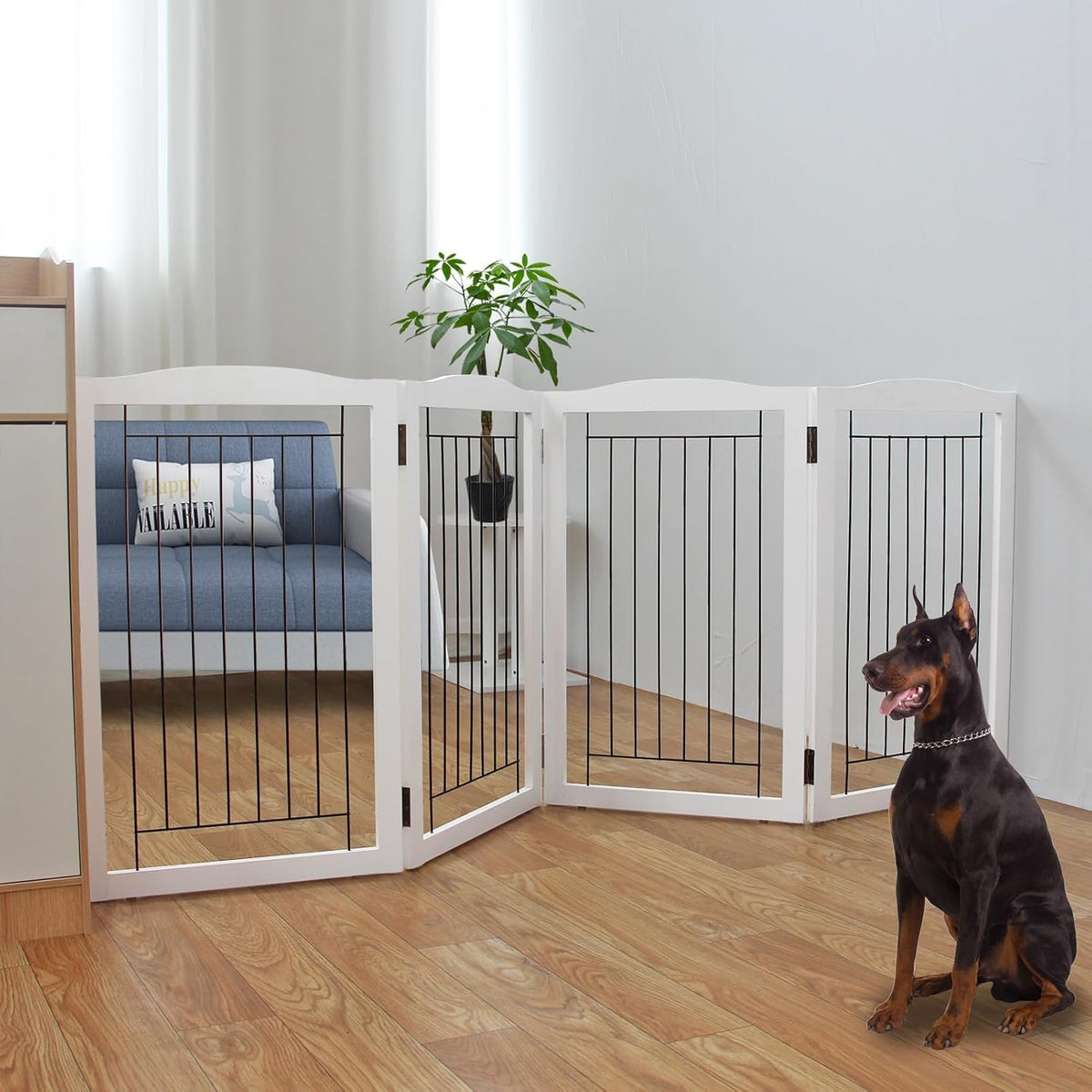 Freestanding Foldable Dog Gate for House Extra Wide Wooden White Indoor Puppy Gate Stairs Doorways Pet Gate Tall Dog Fence 3 Panels Fence