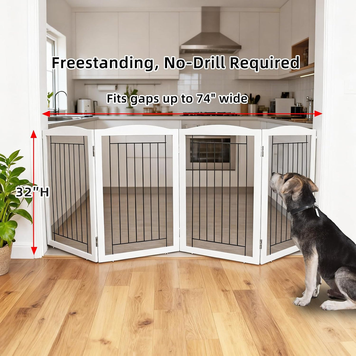 Freestanding Foldable Dog Gate for House Extra Wide Wooden White Indoor Puppy Gate Stairs Doorways Pet Gate Tall Dog Fence 3 Panels Fence