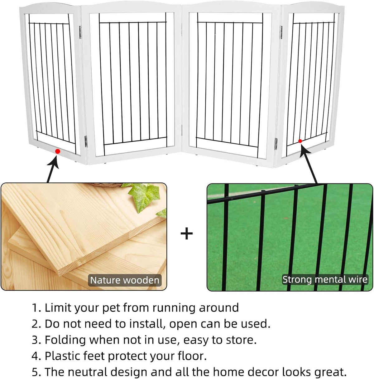 Freestanding Foldable Dog Gate for House Extra Wide Wooden White Indoor Puppy Gate Stairs Doorways Pet Gate Tall Dog Fence 3 Panels Fence