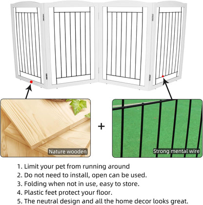 Freestanding Foldable Dog Gate for House Extra Wide Wooden White Indoor Puppy Gate Stairs Doorways Pet Gate Tall Dog Fence 3 Panels Fence