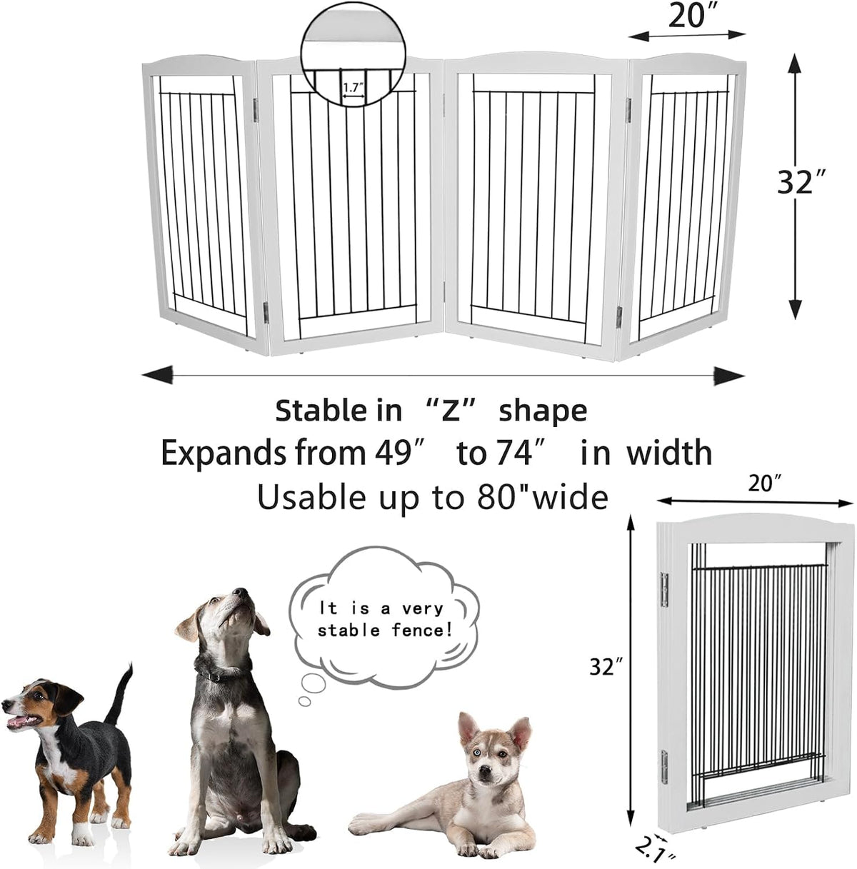 Freestanding Foldable Dog Gate for House Extra Wide Wooden White Indoor Puppy Gate Stairs Doorways Pet Gate Tall Dog Fence 3 Panels Fence