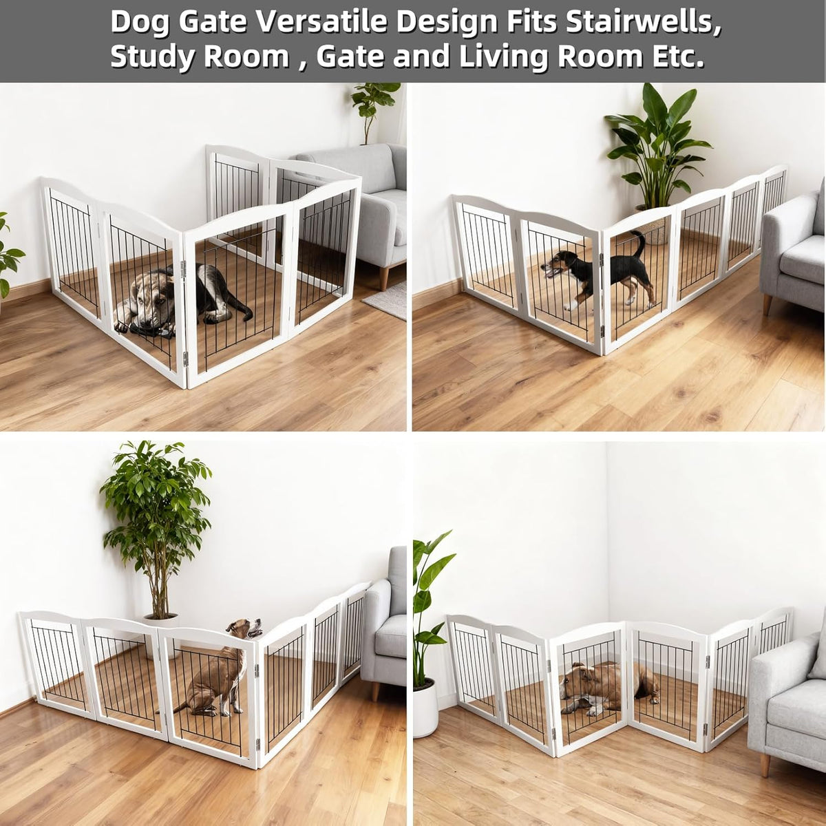 Freestanding Foldable Dog Gate for House Extra Wide Wooden White Indoor Puppy Gate Stairs Doorways Pet Gate Tall Dog Fence 3 Panels Fence