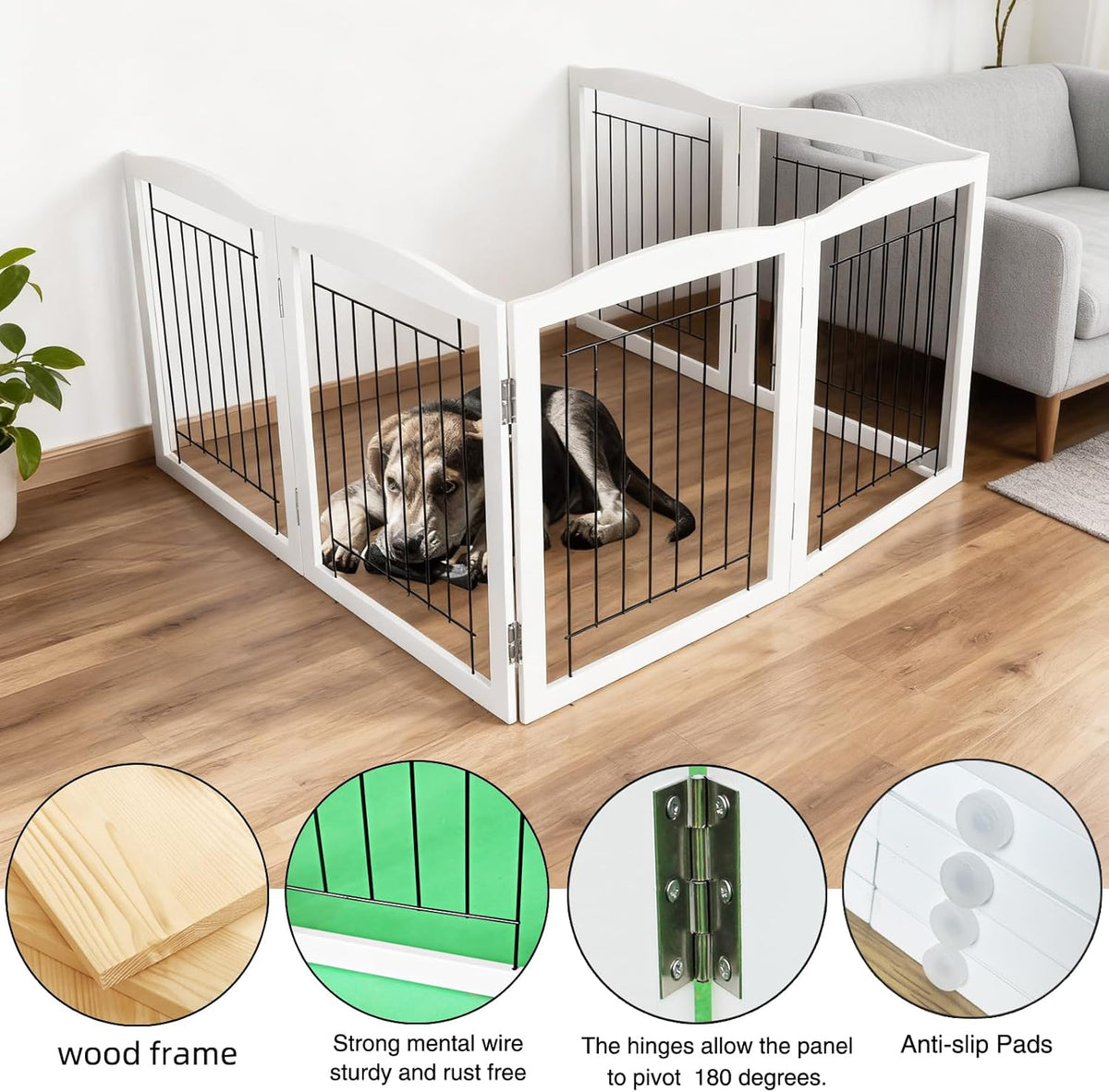 Freestanding Foldable Dog Gate for House Extra Wide Wooden White Indoor Puppy Gate Stairs Doorways Pet Gate Tall Dog Fence 3 Panels Fence