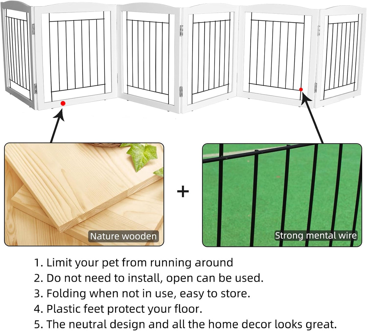 Freestanding Foldable Dog Gate for House Extra Wide Wooden White Indoor Puppy Gate Stairs Doorways Pet Gate Tall Dog Fence 3 Panels Fence
