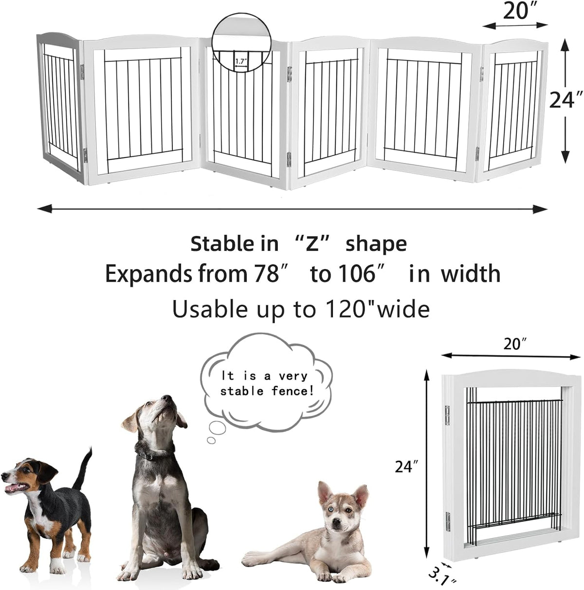 Freestanding Foldable Dog Gate for House Extra Wide Wooden White Indoor Puppy Gate Stairs Doorways Pet Gate Tall Dog Fence 3 Panels Fence