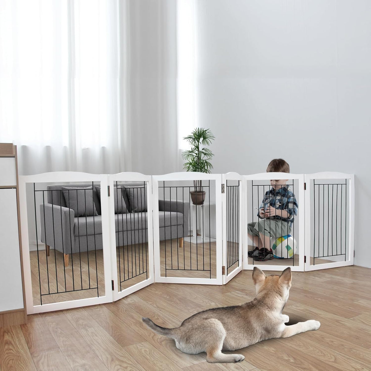 Freestanding Foldable Dog Gate for House Extra Wide Wooden White Indoor Puppy Gate Stairs Doorways Pet Gate Tall Dog Fence 3 Panels Fence