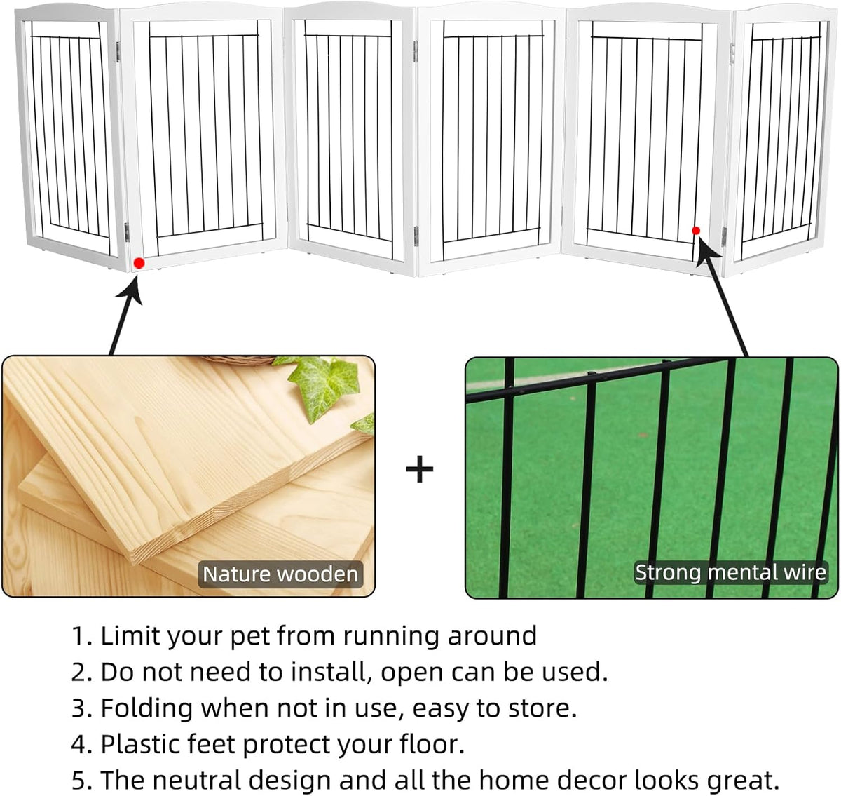 Freestanding Foldable Dog Gate for House Extra Wide Wooden White Indoor Puppy Gate Stairs Doorways Pet Gate Tall Dog Fence 3 Panels Fence