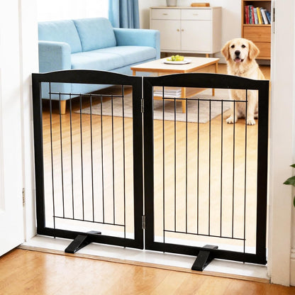 Freestanding Dog Fence Indoor, Foldable Dog Gate for Doorways, Stairs or Hallways, Sturdy Wood Extra Wide Pet Gate with Support Feet for The House, White, 24 "Height-3 Panels
