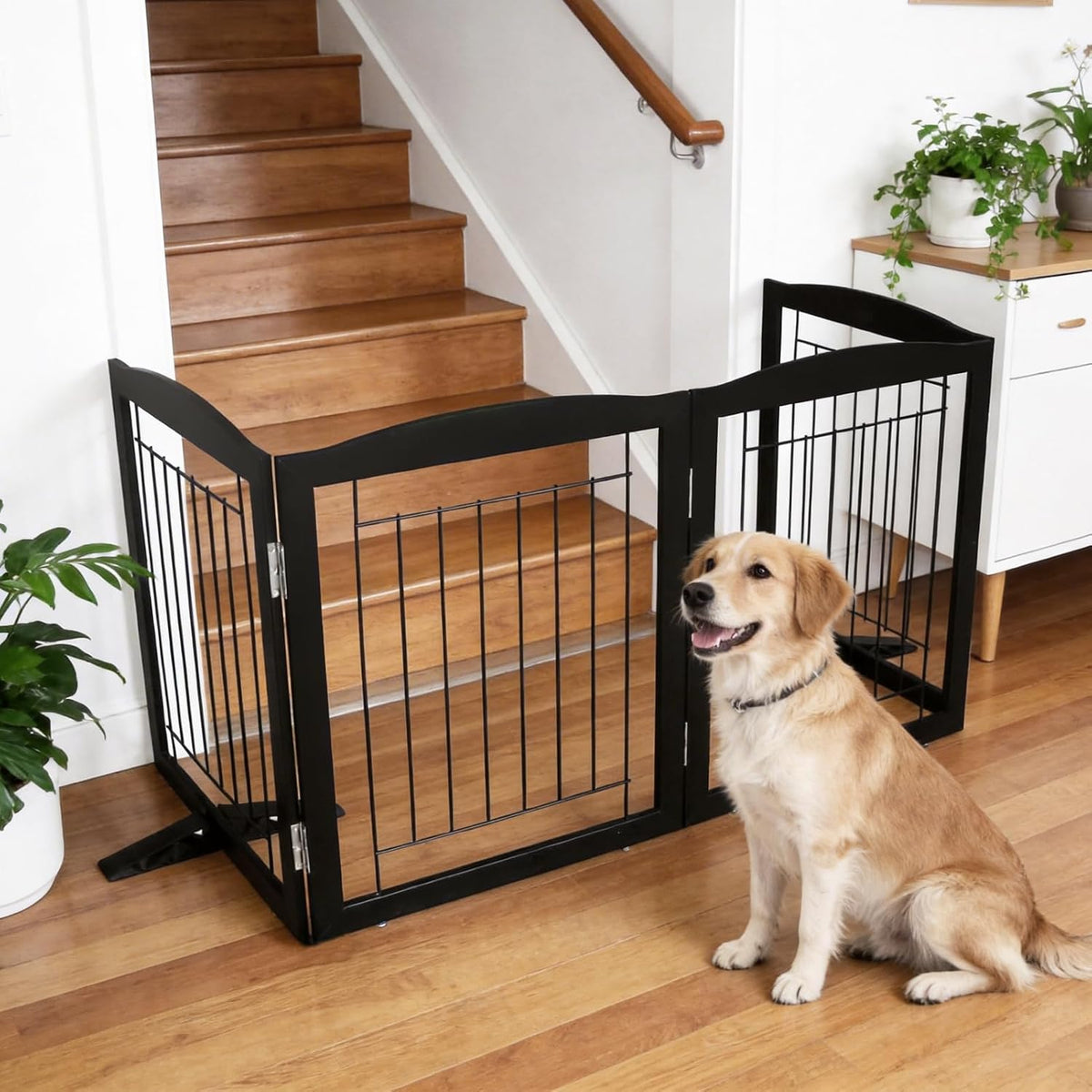 Freestanding Dog Fence Indoor, Foldable Dog Gate for Doorways, Stairs or Hallways, Sturdy Wood Extra Wide Pet Gate with Support Feet for The House, White, 24 "Height-3 Panels